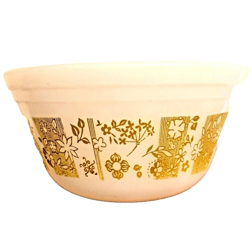 Federal Glass Mixing Bowl VTG 70s Avocado Green Tropical Floral 6
